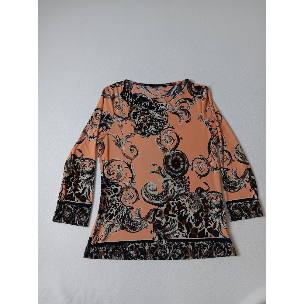 Investments Womens Baroque Leopard Print Top Long Sleeve Boat Neck Orange M